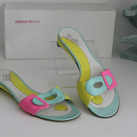 RARE RETRO Emilio Pucci Colorblock Leather Yellow Pink Green Slides Sandals 37.5 - Picture 2 of 11